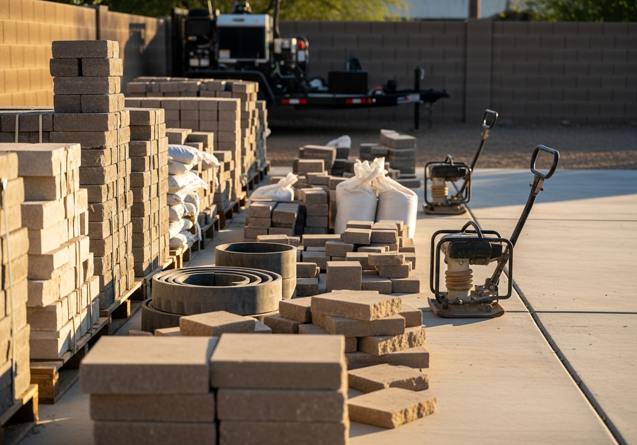Outdoor construction site showing completed hardscape work with pavers, travertine, and landscape materials.