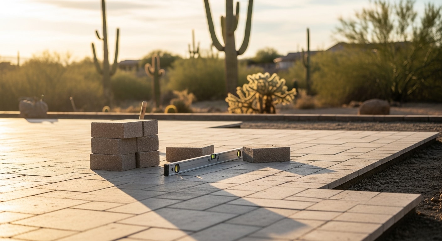 Installed paver patio with travertine accents in Phoenix home