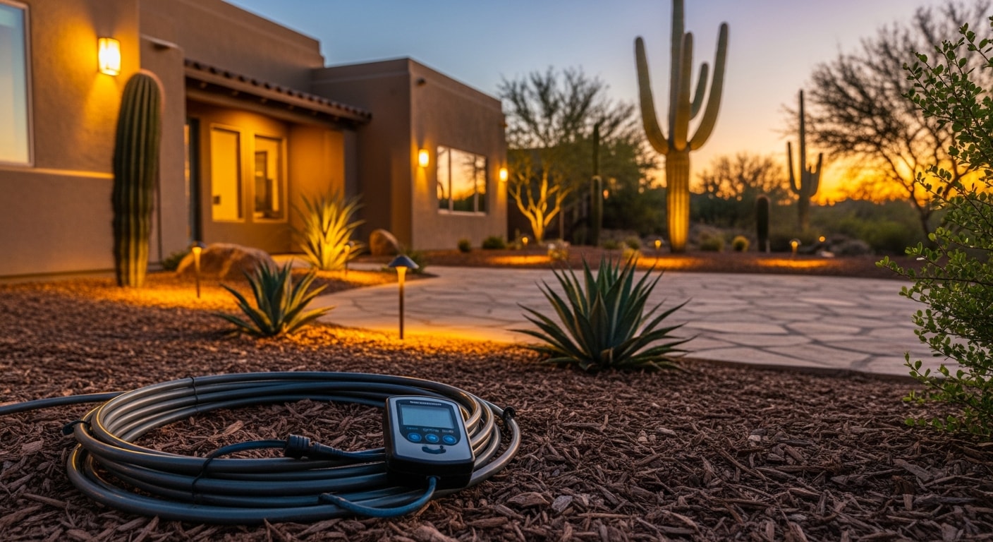 Low voltage landscape lighting illuminating outdoor patio area