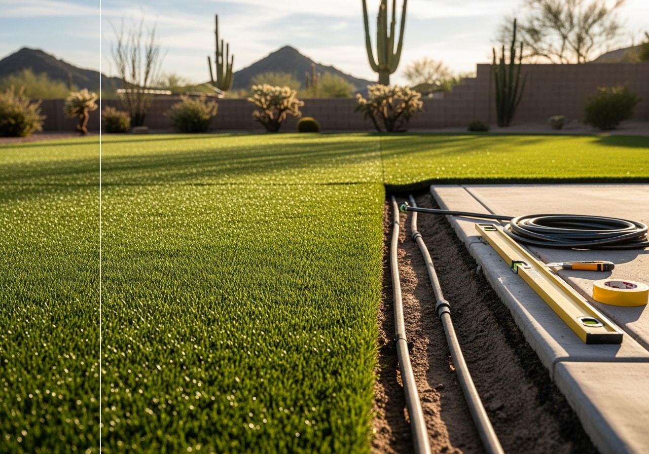 Lush artificial turf lawn with integrated irrigation in a Tempe backyard