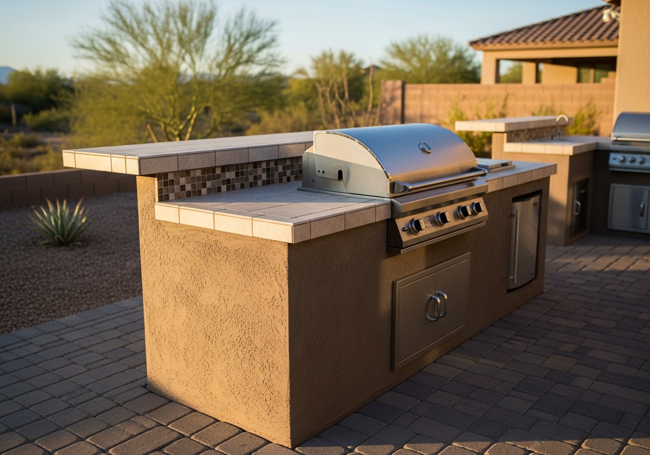Custom concrete BBQ island with waterline tile countertop and built-in grill