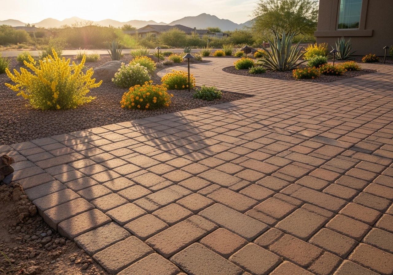 Front yard landscape with permeable pavers and native desert plantings