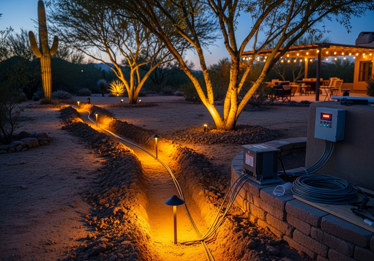 Nighttime view of low voltage LED lighting illuminating pathways and patio areas