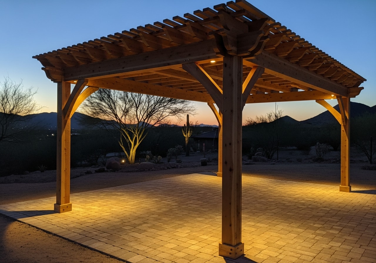Cedar pergola with integrated low voltage lighting over a paver patio at dusk