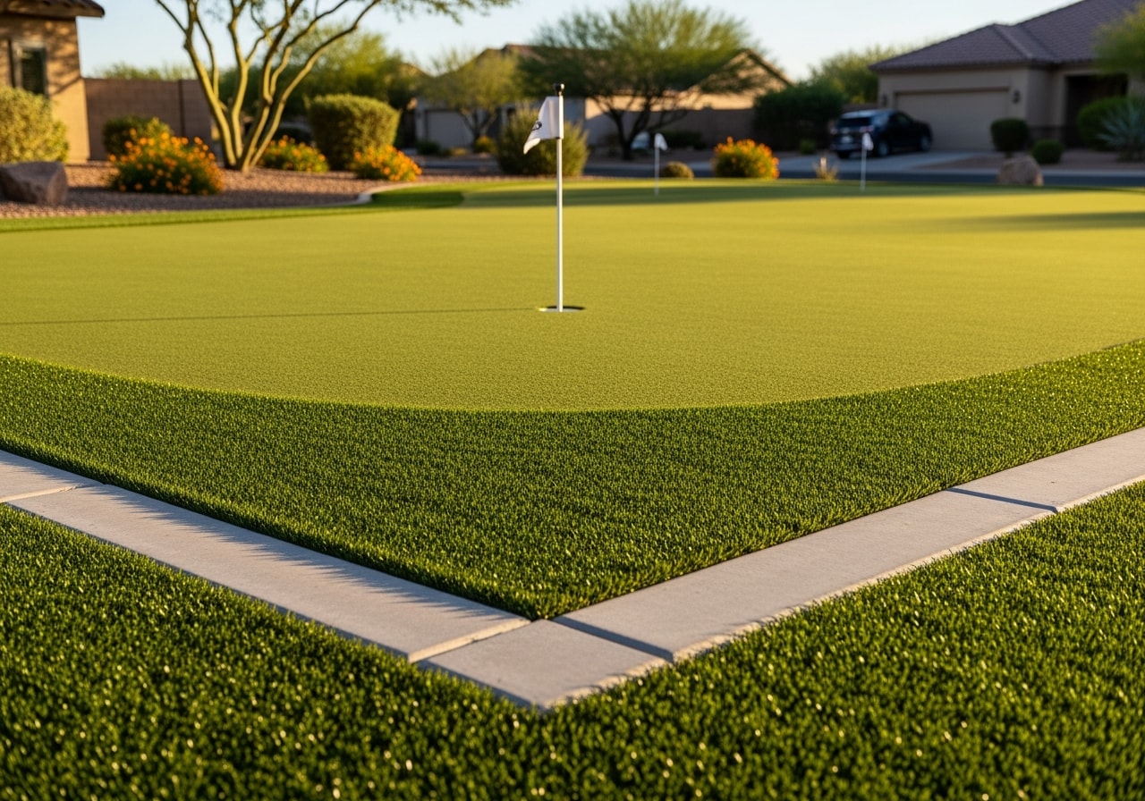 Residential putting green with concrete coping and desert plant borders