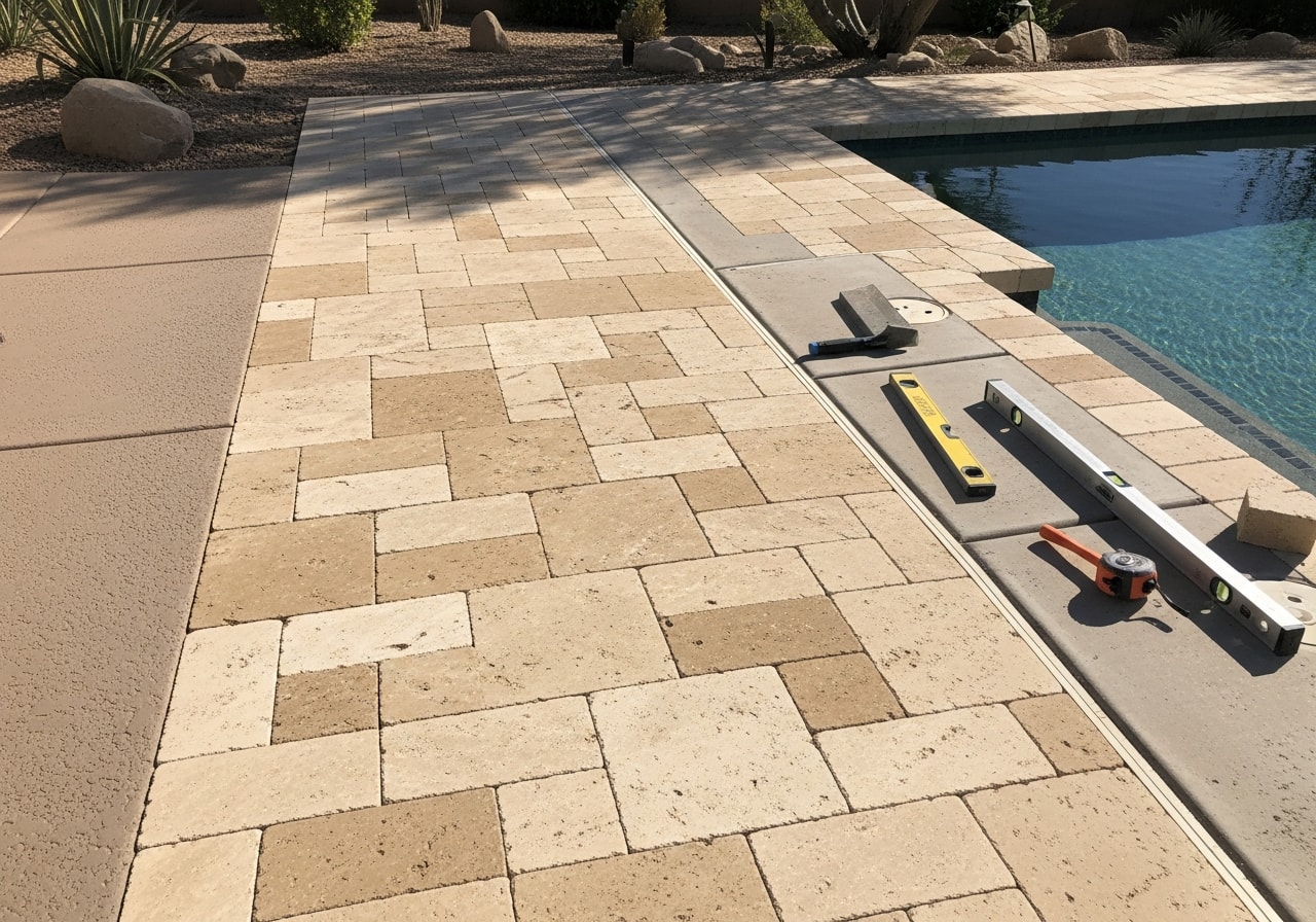 Completed travertine pool deck surrounding an in-ground pool in Scottsdale
