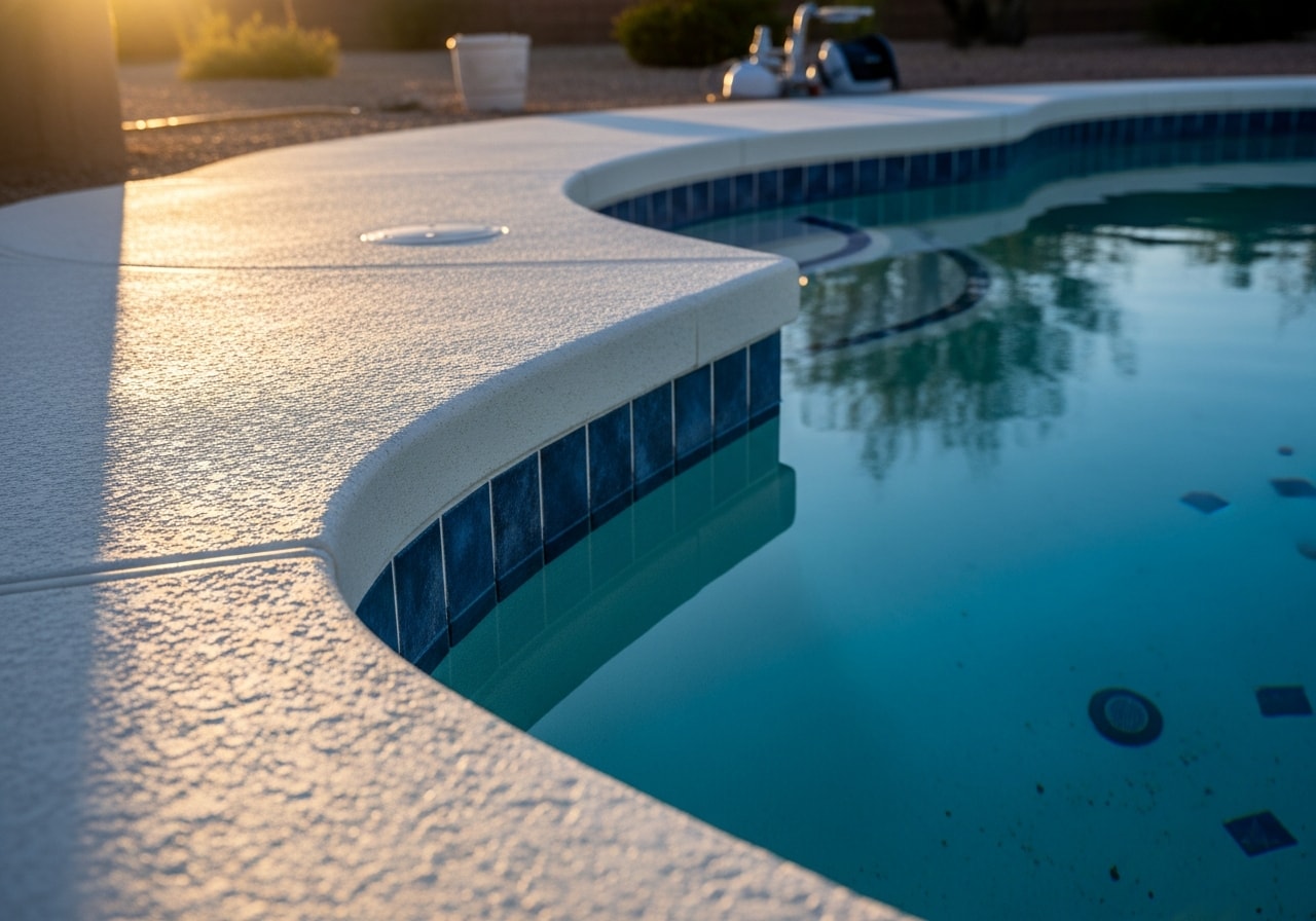 Completed waterline tile installation around a residential pool deck