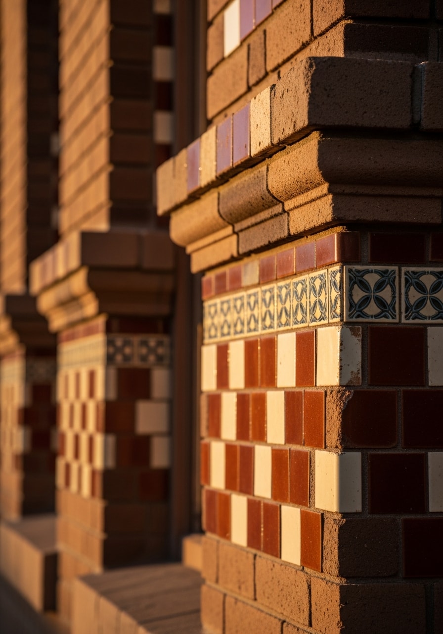 Close-up of vintage brick and tile detailing on a classic Encanto home exterior.