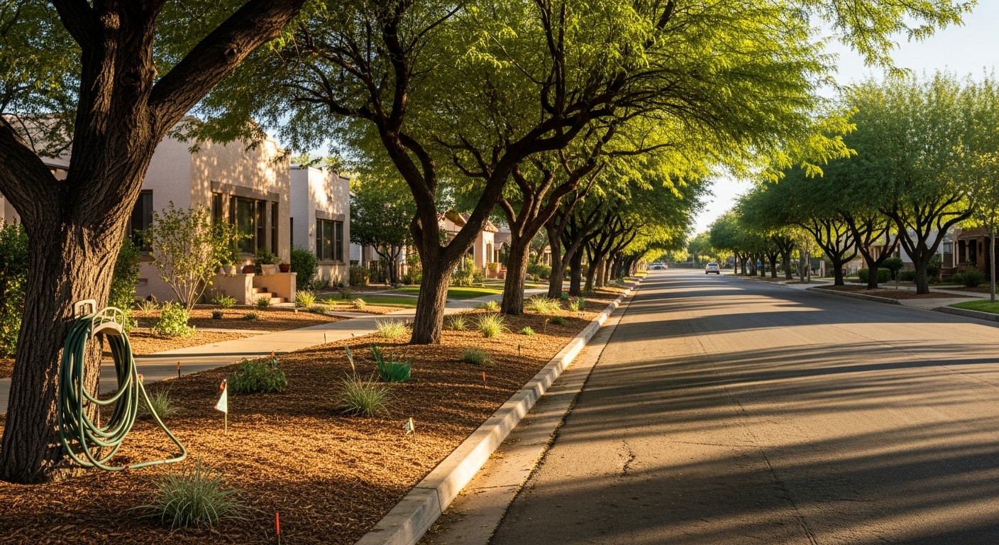 Tree-lined residential street in Encanto with historic 1920s-era homes and mature landscaping.
