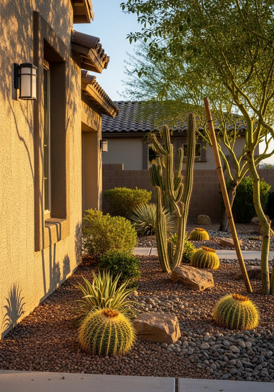 Contemporary Surprise home exterior with desert-adapted landscaping and modern architectural details.