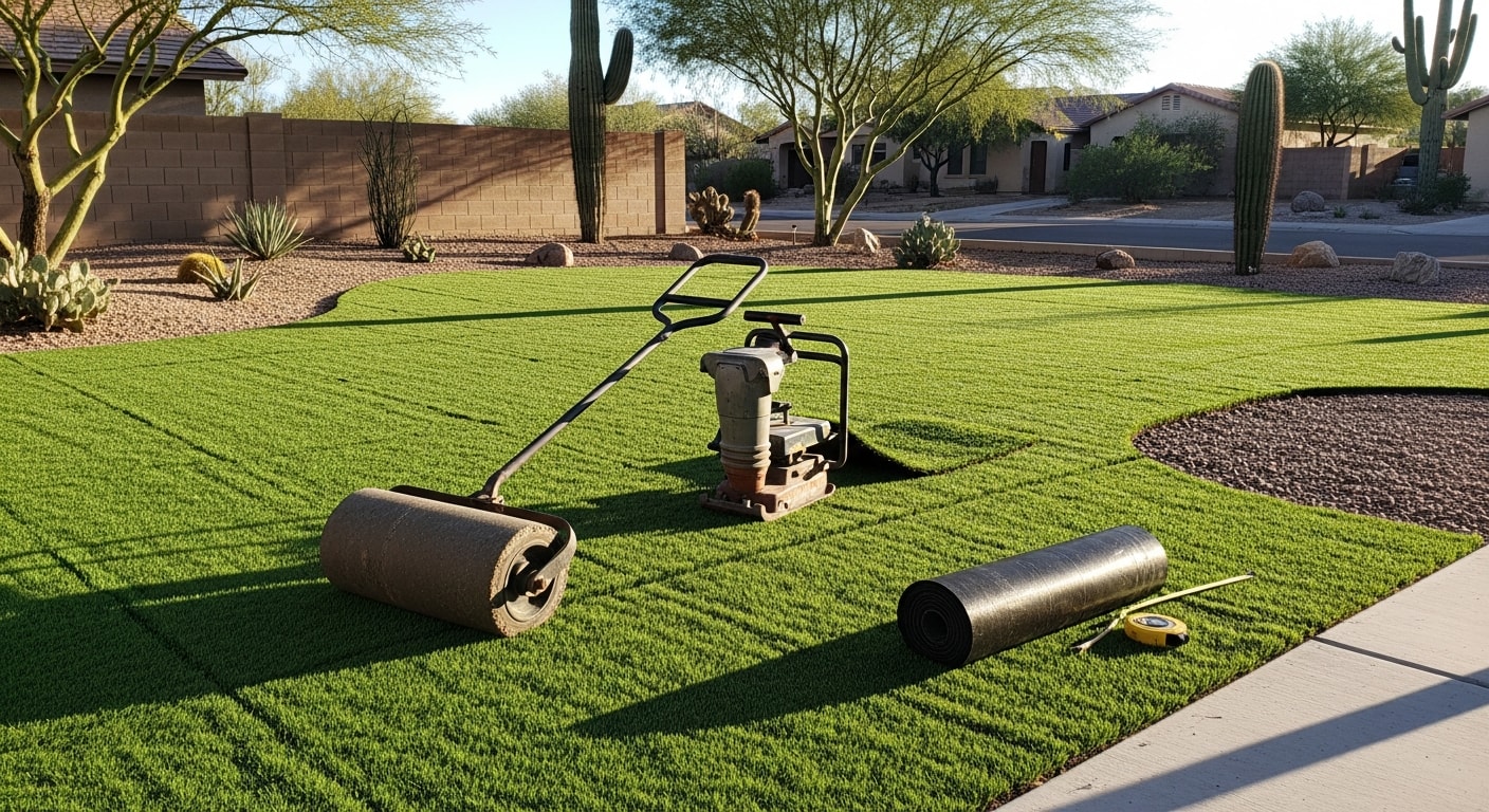 Freshly installed artificial turf covering the front yard of a historic Encanto home in Phoenix, Arizona, with clean edges along a concrete walkway and mature shade trees in the background. The synthetic grass surface is even and green against the home's traditional architectural facade.