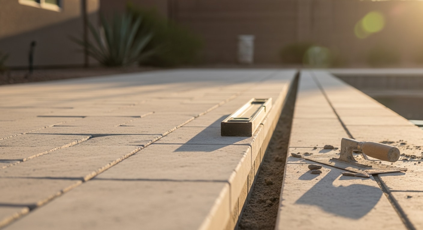 Freshly installed stone pool coping along the perimeter of a residential backyard pool in Encanto, Arizona, with a clean overhang edge and a paver deck surface visible in the background. The coping edge is flush and level, showing tight mortar joints and a slip-resistant textured surface under direct desert sunlight.