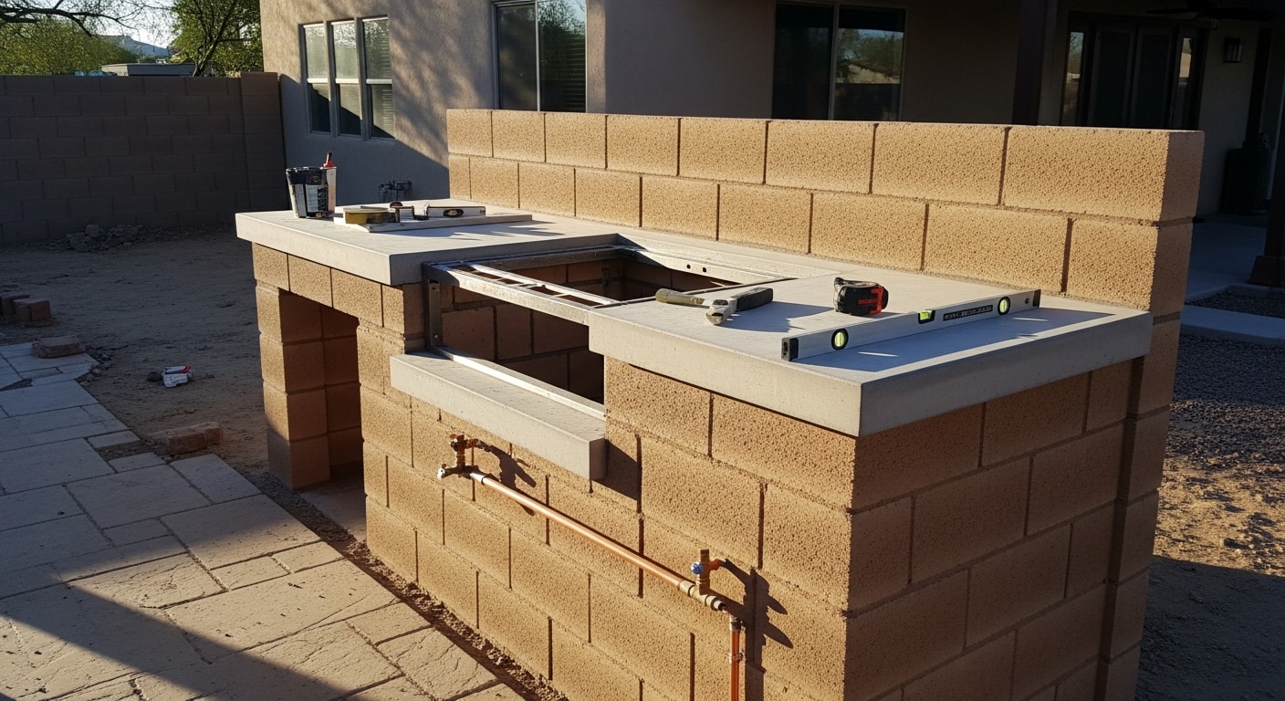 A custom built-in masonry BBQ station with stone veneer finish and stainless steel grill installed in a residential backyard in Encanto, Phoenix. The setup includes counter space and under-counter storage alongside a paved patio area.