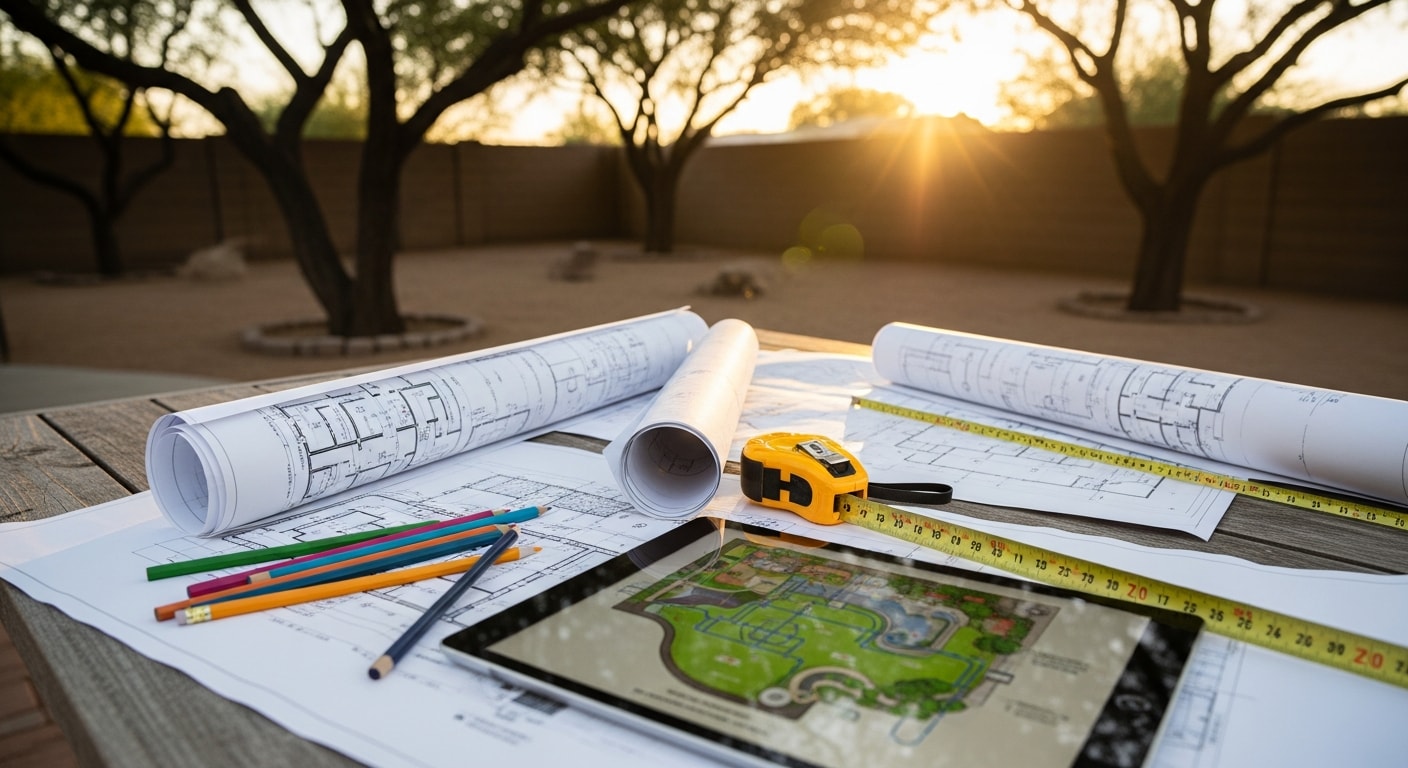 A detailed custom outdoor master plan drawing laid over a residential Encanto property in Phoenix, showing zoned patios, desert planting areas, shade structures, and drainage paths. AZ Outdoor Esthetics landscape design plan for a historic central Phoenix lot.