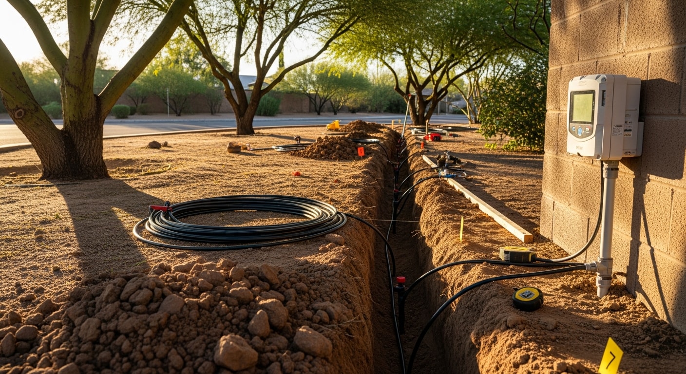 Newly installed drip irrigation lines running along desert plantings in a residential Encanto yard in Phoenix, Arizona. Emitters are positioned at the base of drought-tolerant shrubs with a smart controller mounted on an exterior wall nearby.