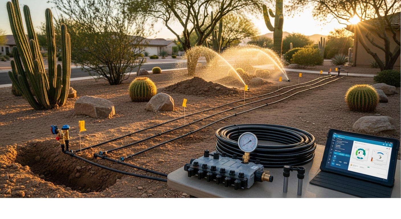 A professionally installed drip irrigation system running through a desert landscape bed at an Encanto Phoenix home, with emitters placed at the base of drought-tolerant plants along a curved lot line. Decomposed granite surrounds the planting area, and a stucco exterior wall typical of the historic Encanto neighborhood is visible in the background.