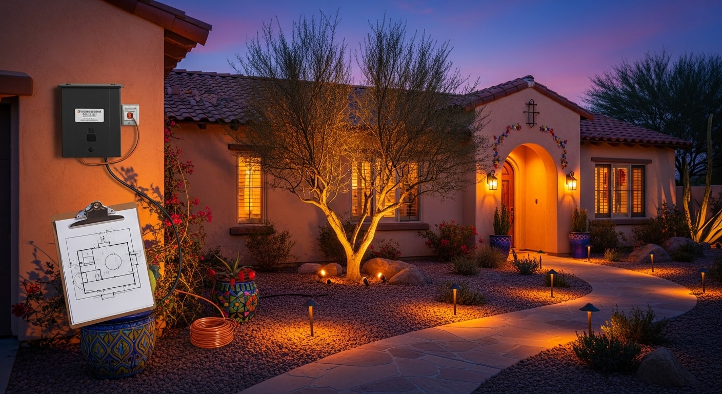 Custom landscape lighting design on a 1930s Spanish Colonial Revival home in Encanto, Phoenix, with low-voltage uplights accenting a stucco facade and path lights lining a front walkway at dusk. Mature trees in the foreground are lit from below, casting warm light across the front yard.