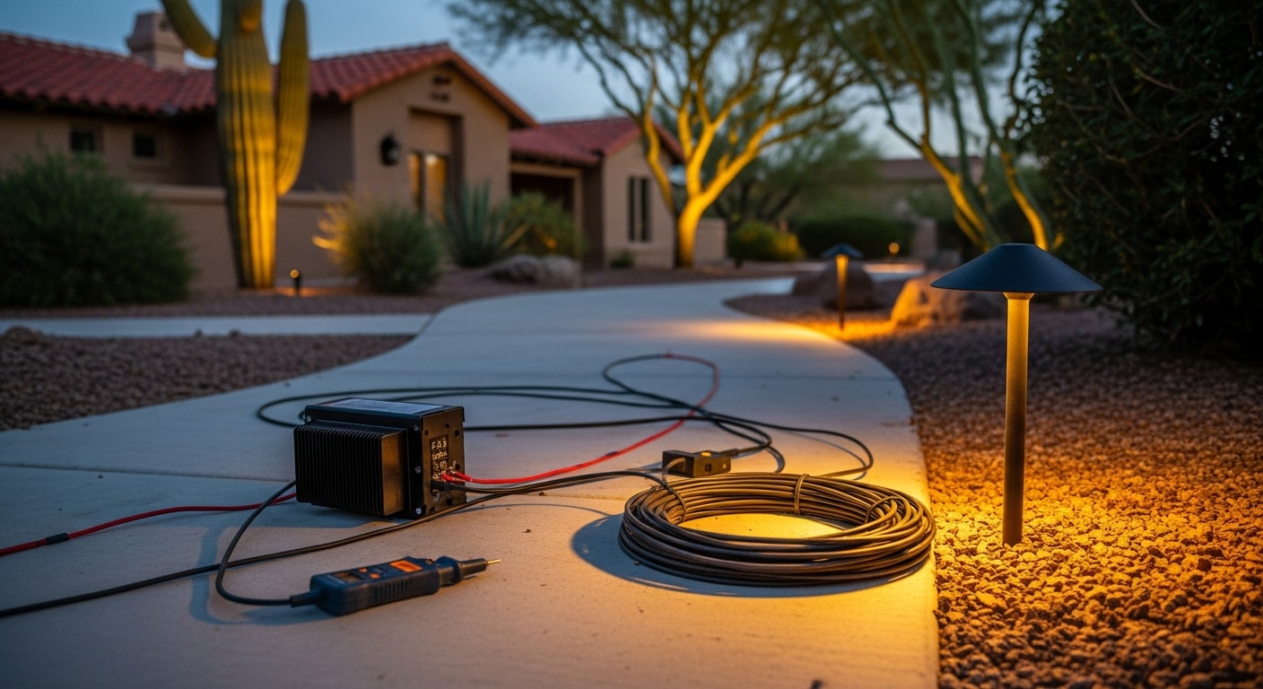 Low voltage pathway and accent lighting installed along the front walkway and garden beds of a historic ranch-style home in Encanto, Phoenix. Warm LED fixtures illuminate mature trees and a tiled front entry at night.