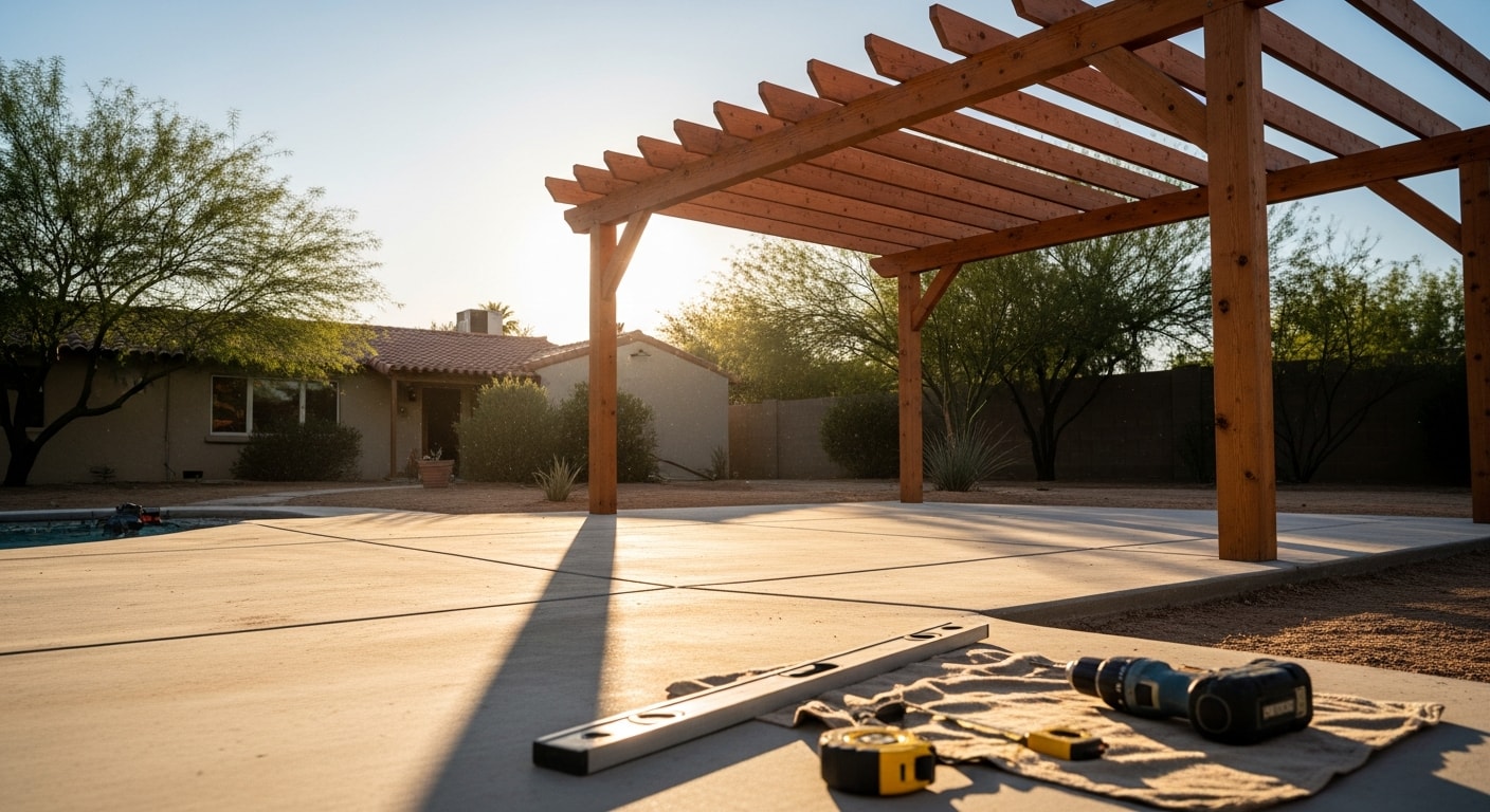 A custom pergola installed in an Encanto Phoenix backyard, providing structured shade over a patio adjacent to a historic ranch-style home. The structure features clean post-and-beam framing suited to Arizona's desert climate.