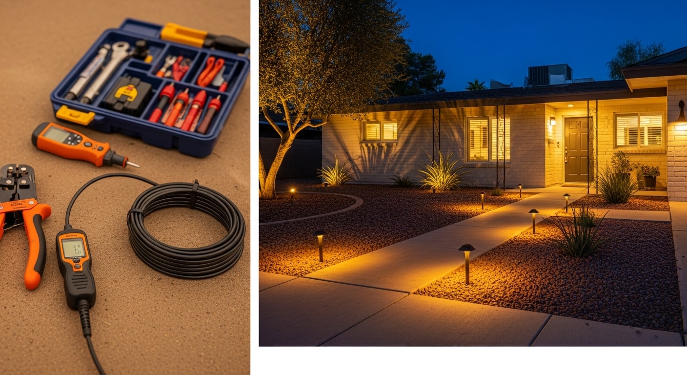 Professionally installed low-voltage LED pathway and uplighting on a ranch-style home in Encanto, Phoenix, with lit walkway leading to the front entry and accent lights highlighting the front yard landscaping at night.