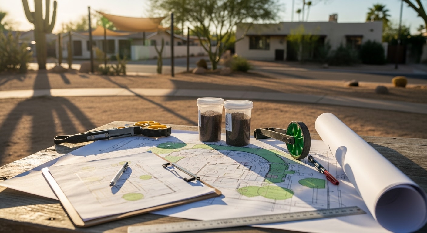 A planned Encanto backyard showing defined shade and seating zones, drought-tolerant plantings, and desert-adapted hardscape on an irregularly shaped residential lot. The design reflects the historic neighborhood character of Encanto in Phoenix, Arizona.