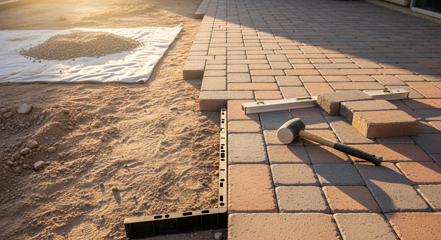 Newly installed interlocking pavers forming a backyard patio at an Encanto residential property, with clean joint lines and a compacted base visible at the border edge. The desert-toned paver surface extends from the home's rear door toward an open yard area under a clear Phoenix sky.
