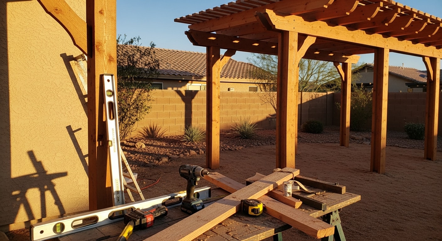 A custom pergola installed in an Encanto backyard, with clean post-and-beam construction providing shade over a patio adjacent to desert landscaping. The structure is attached to a stucco home exterior typical of the Phoenix area.