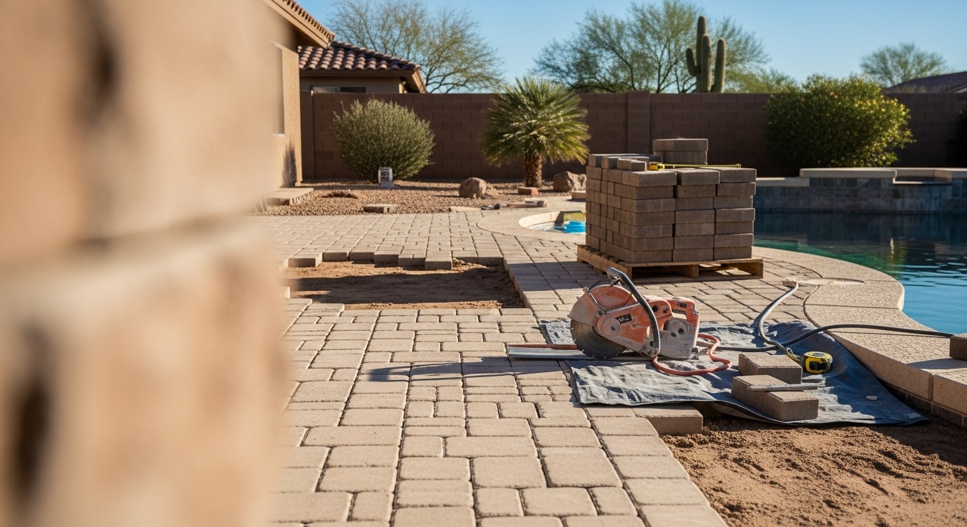 Newly remodeled pool deck in an Encanto, Phoenix backyard featuring textured hardscape pavers in a light tone surrounding an in-ground pool. The finished surface shows clean coping lines and an open layout suited to desert outdoor living.