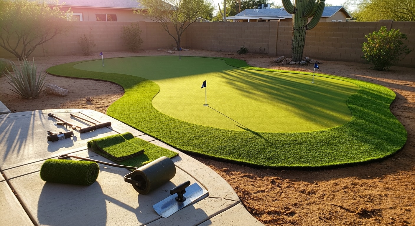 A custom synthetic putting green installed in an Encanto, Phoenix backyard, featuring multiple cup placements and contoured turf bordered by desert landscaping. The surface is lush and level, set within a defined yard space typical of Encanto's historic residential properties.