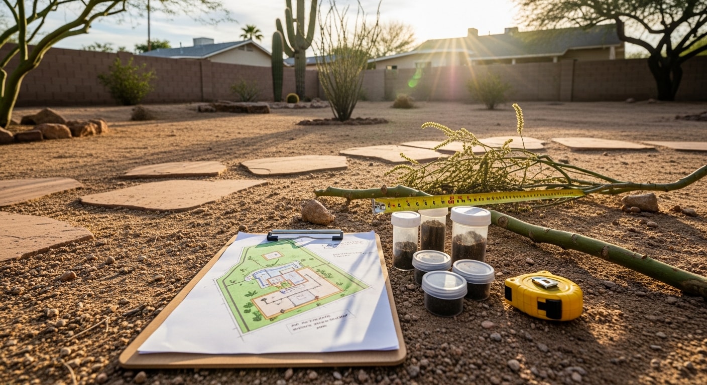 A landscape designer reviewing a site plan on an Encanto residential lot, with a mature desert-adapted yard and historic home visible in the background. The consultation takes place in the front yard, showing existing vegetation, setback lines, and a zoned layout sketch on paper.