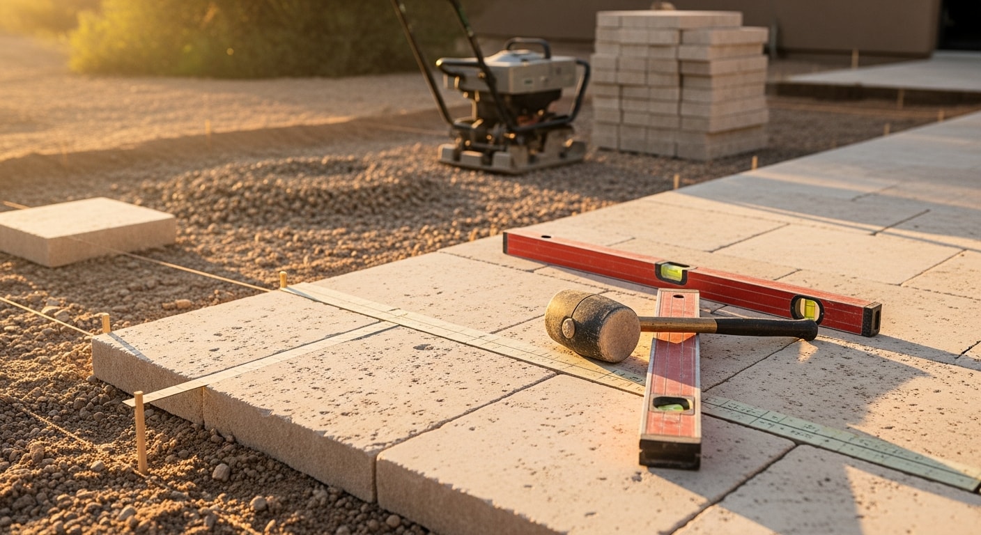 Finished travertine patio installation in an Encanto backyard showing natural stone pavers in warm ivory tones laid around an outdoor living area. Close ground-level view highlights the textured surface and tight joint lines typical of professional hardscape work in the Phoenix desert climate.