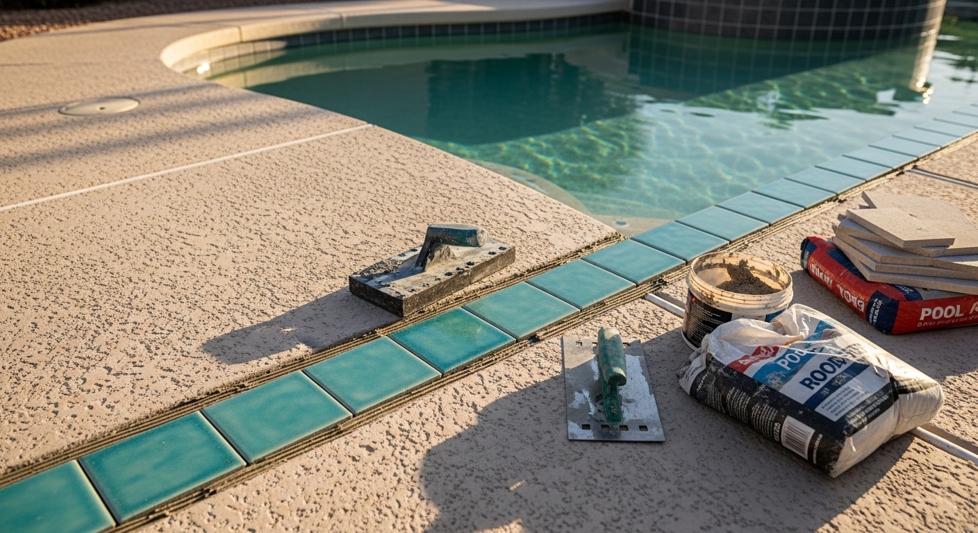 Freshly installed waterline tile running along the perimeter of a residential pool in Encanto, Arizona, showing a clean tile band with even grout lines against a plastered pool interior. The surrounding hardscape reflects a desert backyard setting with bright afternoon sunlight.